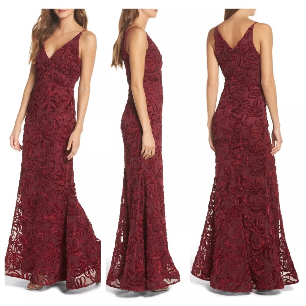 NWT Xscape Flocked Velvet Gown Wine Red